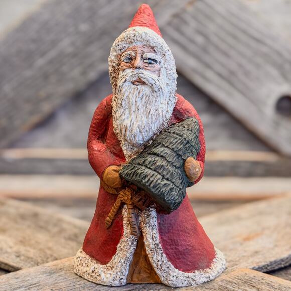 1988 Vintage Old World Santa Claus Figurine Holding Christmas Tree-6”H, Rustic - Picture 6 of 8